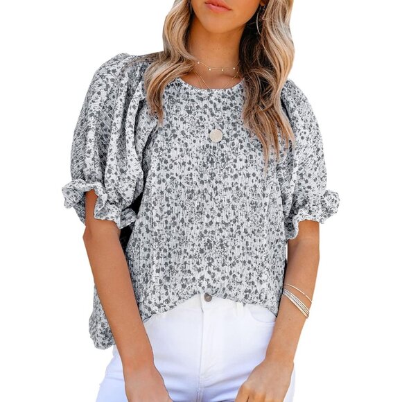 Tops - Women Print Blouse Crewneck Smocked Puff Sleeve Shirts Casual Babydoll Tops